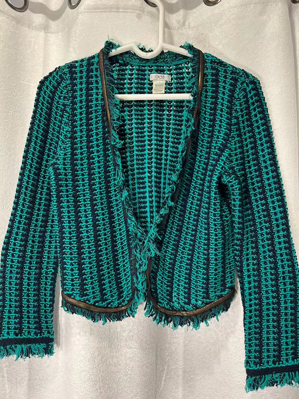 Caché Teal and Black Fringed Knit Cardigan Sweater Y2K vintage